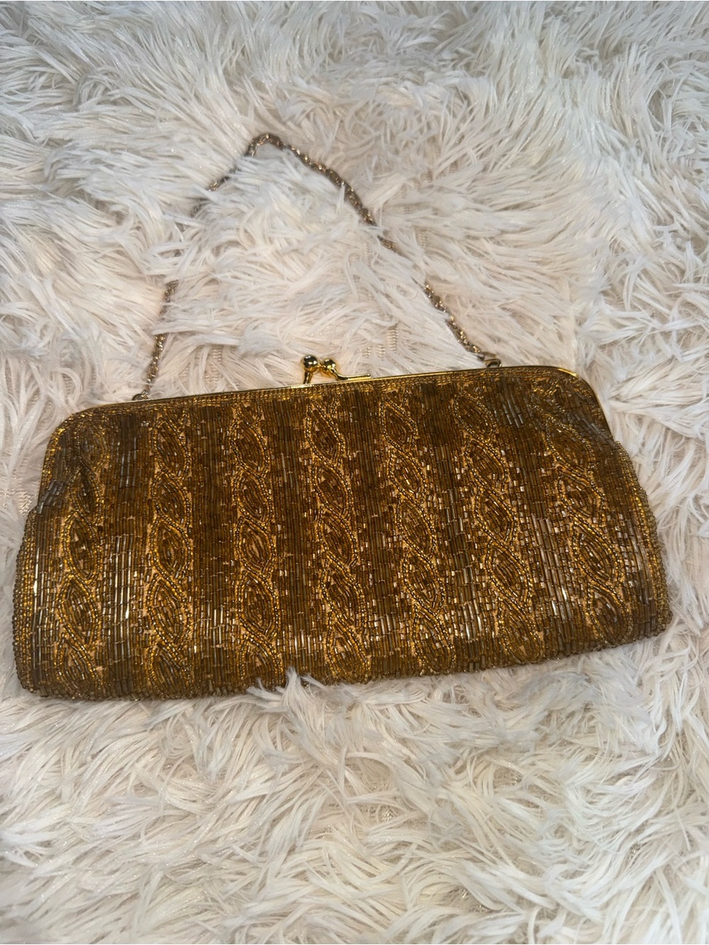 Jessica McClintock Gold Beaded Evening Clutch with Chain Handle